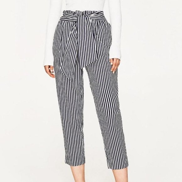 Zara High Waisted Striped Tie Front Poplin Paperbag Pants XS Business Casual - Picture 2 of 12